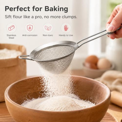 E-far Fine Mesh Strainer Set of 2, 3.3 Inches Stainless Steel Tea Strainer with Long Handle, Small Conical Mesh Strainers Sieve for Cocktail Coffee Food, Rust Proof & Easy to Clean (Silver) - color: Silver-2