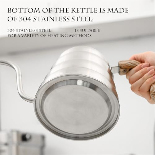 304 Stainless Steel Pouring Over Coffee Kettles with Thermometers and Wood Handle for Temperature Control Rustless Swanneck Coffeepot - color: Silver
