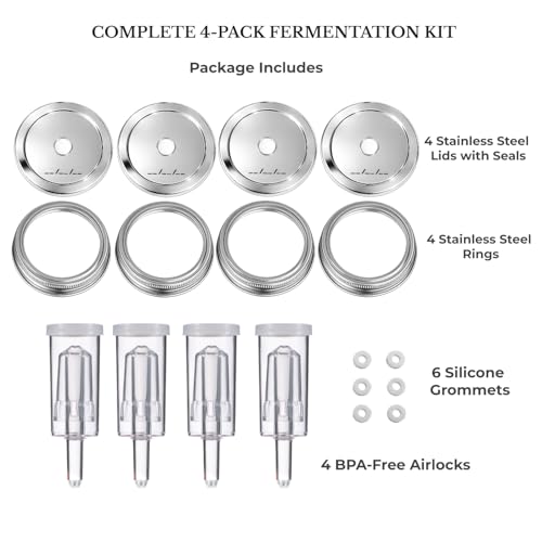 Jillmo Fermentation Lids for Wide Mouth Mason Jars, Stainless Steel Auto Venting Fermenting Lid Kit with Airlocks & Silicone Grommets for Pickles, Kimchi & Sauerkraut, 4 Pack, No Jars Included - size: Pack of 4