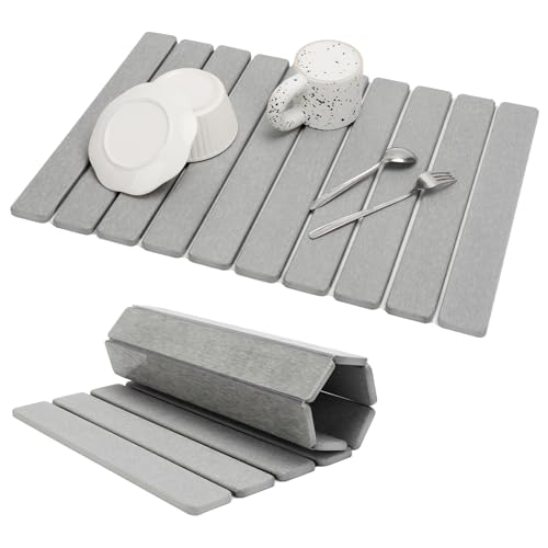 Large Stone Dish Drying Mat for Kitchen Counter, Eco-friendly, Instant Drying Pad,Diatomaceous Earth Water Absorbing Mat, Foldable and Super Absorbent Dish Drying Stone Mat, 24"×16", Light Gray - color: Light Gray, size: 23.2" x 15.4"