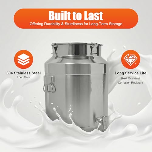 Stainless Steel Milk Can, 64L/16.9Gal Metal Drink Dispenser Airtight Canister with Faucet & Lid, Wine Oil Beverage Storage Container Bucket for Kitchen Restaurant Party, W15.8*H21.3in - size: 64L/16.9Gal w/Faucet