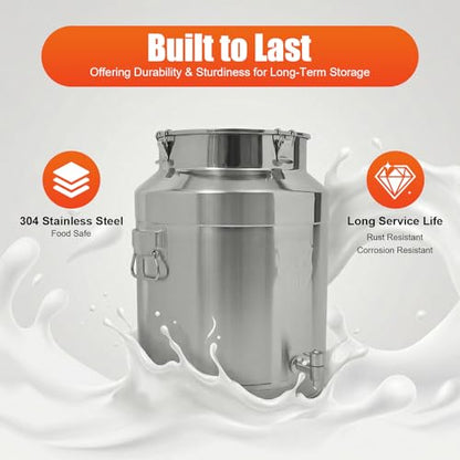 Stainless Steel Milk Can, 64L/16.9Gal Metal Drink Dispenser Airtight Canister with Faucet & Lid, Wine Oil Beverage Storage Container Bucket for Kitchen Restaurant Party, W15.8*H21.3in - size: 64L/16.9Gal w/Faucet