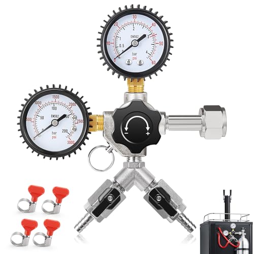 Dual Output CO2 Regulator for Kegerator 0-60psi Beer Keg Regulator 0-3000psi CGA320 CO2 Gas Tank Regulator with Safety Relief Valve, Y Type Co2 Pressure Regulator Kegerator Keg Tap Regulator Parts
