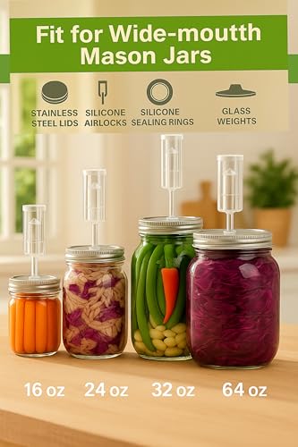 Fermentation Kit for Wide-Mouth Fermenting Jars: Includes 4 Silicone Airlocks, 4 Sealing Rings, 4 Glass Weights, 4 Grommets, 4 Stainless Steel Lids - Ideal Fermenting Kit for Cooks & Healthy Eating