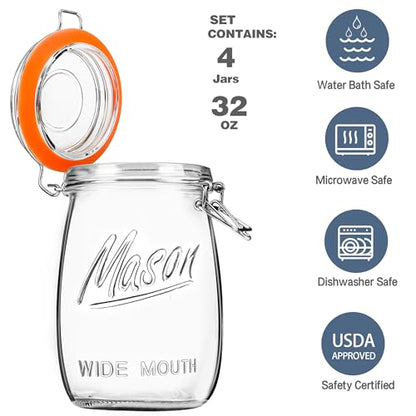 Anwoi Wide Mouth Mason Jars with Airtight Lid 32 oz 4 Pack - Large Mason Jars For Flour and Sugar With Scale Mark Food Storage Canning Jars for Pickling Flour Sugar Pasta Oats Cereal - color: 32oz 4pack