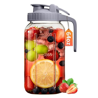 64oz Glass Pitcher with Lid & Spout – 2 Quart Mason Jars, Airtight & Leakproof Breastmilk Pitcher for Cold Brew Coffee, Sun Tea, Water, Juice – Wide Mouth, Fridge Safe - color: Gray, size: 64 Ounces