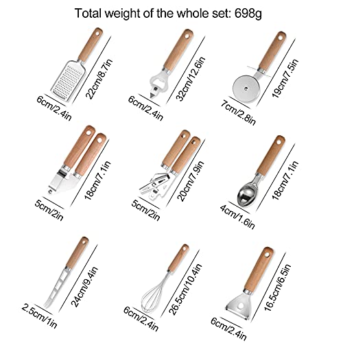 9 Pcs Kitchen Gadget Set Stainless Steel Utensil Set Wood Handle with Pizza cutter, Garlic press, Can opener, Bottle opener, Ice cream scoop, Peeler, Cheese grater, Cheese knife, and Whisk