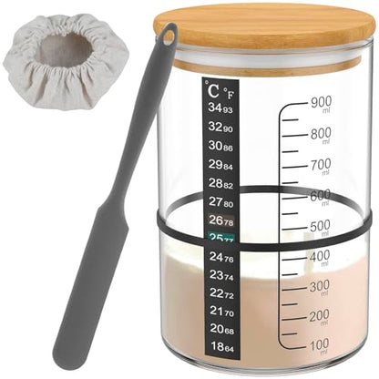 Mimoyalaso Sourdough Starter Jar Kit, 900ml Glass Jar with Scale Thermometer Paper, Temperature Resistant Sourdough Starter Container with Spatula, Cloth Cover & Lid for Sour Dough Bread Loaf