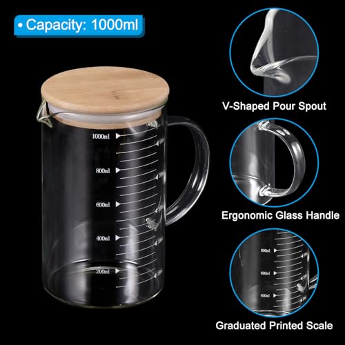 PATIKIL 1000ml Glass Measuring Cup, 2 Pack 3.3 Borosilicate Glass Graduated White Printed Scale Liquid Measure Cups Beaker with Wood Lid and V-Shaped Spout for Kitchen - size: 1000ml