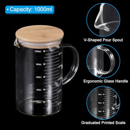 PATIKIL 1000ml Glass Measuring Cup, 2 Pack 3.3 Borosilicate Glass Graduated White Printed Scale Liquid Measure Cups Beaker with Wood Lid and V-Shaped Spout for Kitchen - size: 1000ml