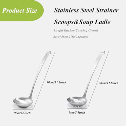 Cooking Ladles,Serving Scoop And Ladle Strainer Set Of 2 with Hook and Hole for Easy Hanging,Stainless Steel Soup Ladles Set for Kitchen - size: L With Hook