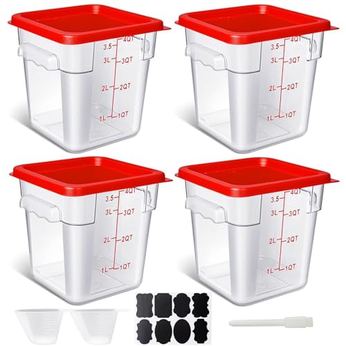 4 Pack 4QT Food Storage Containers with Red Lids, Clear Square Restaurant Commercial Food Storage Containers with Handle and Scale, Marinating Container Dough Rising Bucket for Home & Dining - color: Red, size: 4QT