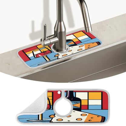 Wine Cheese Faucet Mat for Kitchen Sink Super Absorbent Faucet Splash Guard Fast Drying Faucet Mat Sink Mat for Kitchen Bathroom 15x5.4"