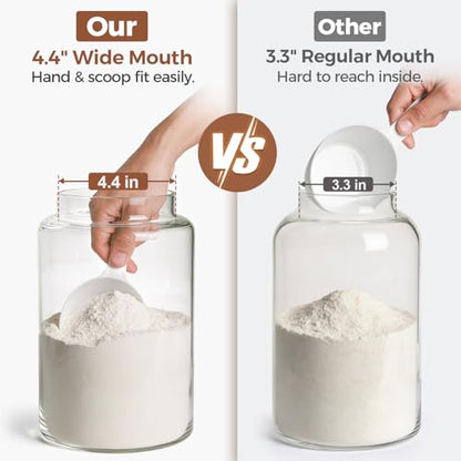ComSaf 2Pcs (4.2Qt) Wide-Mouth Flour Sugar Storage Containers - Include Scoops & Labels, Easy to Scoop & Airtight, Large Glass Jar for Bakers to Store Bulk Flour, Rice, and Dry Goods in Kitchen Pantry - size: 4.2Qt*2