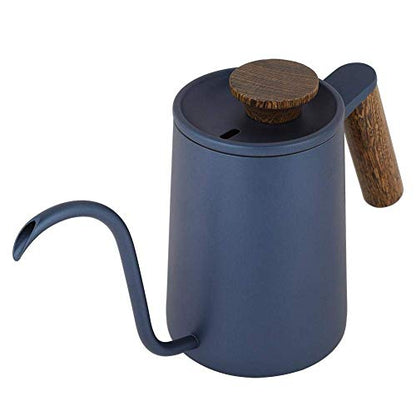 Fdit Gooseneck Coffee Kettle, Precision Pour Stovetop Drip Pot for Pour Over Tea 304 Stainless Steel Blue Wooden Handle Thermometer Lid Vent 600ml 1 Pack