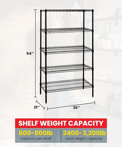 Quantum Storage Systems WR54-2136BK-5 Wire Shelving Starter Kit, 36" W x 21" D x 54" H, 600 lbs Capacity, Carbon Steel, Epoxy Coated, Black, NSF - color: Black Epoxy, size: 54H x 36W x 21D