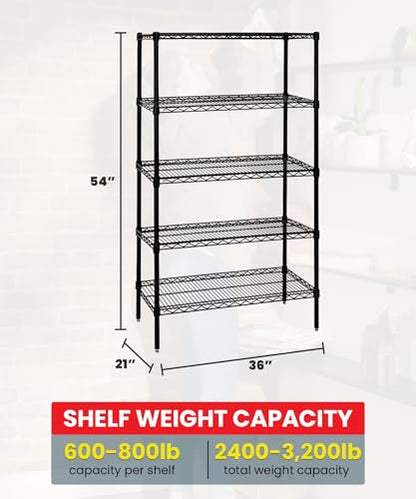 Quantum Storage Systems WR54-2136BK-5 Wire Shelving Starter Kit, 36" W x 21" D x 54" H, 600 lbs Capacity, Carbon Steel, Epoxy Coated, Black, NSF - color: Black Epoxy, size: 54H x 36W x 21D