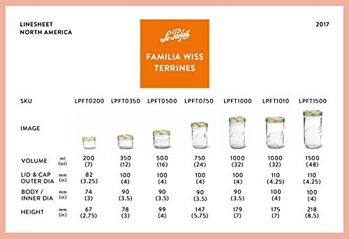 Le Parfait Familia Wiss Terrine | 24oz/Pint&Half (Pack of 4) 750ml Wide Mouth French Glass Jar w/Airtight 2-Piece System Gold Lids | Ideal for Canning, Food Storage, Meal Prep, Cake Jar & DIY Crafts - color: 750ml (Set/4)