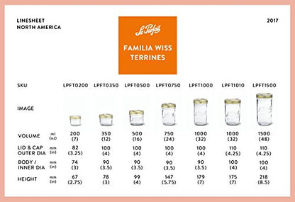 Le Parfait Familia Wiss Terrine | 24oz/Pint&Half (Pack of 4) 750ml Wide Mouth French Glass Jar w/Airtight 2-Piece System Gold Lids | Ideal for Canning, Food Storage, Meal Prep, Cake Jar & DIY Crafts - color: 750ml (Set/4)