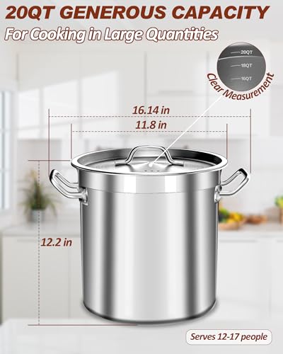 Stock Pot 20 Quart - Stainless Steel Stock Pot with Lid – Heavy-Duty Cooking Pot for Soup, Stew, Pasta – Commercial & Home Use, Induction Compatible - 5 Gallon - size: 20 QT