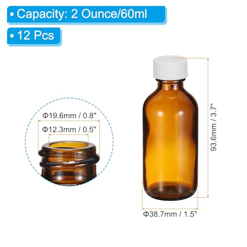 PATIKIL 2oz(60ml) Glass Sample Bottles, 12Pcs Round Bottle Dispensing Bottles with White Poly Cone Cap for Reagent Liquids, Essential Oils, Perfume, Amber - color: Amber,White, size: 2 oz
