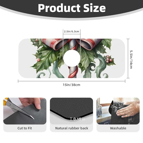 Kitchen Sink Faucet Mat Splash Guard, Christmas Candy Cane Holly Berries Super Absorbent Drying Mat, Non-Slip Drain Pad for Bathroom Counter - color: Candy Cane Holly Berries