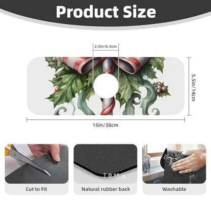 Kitchen Sink Faucet Mat Splash Guard, Christmas Candy Cane Holly Berries Super Absorbent Drying Mat, Non-Slip Drain Pad for Bathroom Counter - color: Candy Cane Holly Berries