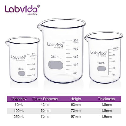 Upgrated 3 Size Low Form Beaker Set, 50ml 100ml 250ml, 3.3 Boro Glass Beakers with Printed Graduation, LVA017 - style: 3 Sizes: 50/100/250ml,each 1pc