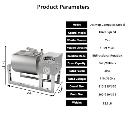 Hakka Meat Tumbler Marinator, Vacuum Curing Machine, Rapid Marination Process, 36lb/18 liters