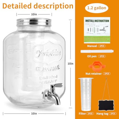 DD&HAPP Glass Beverage Dispenser With Stainless Steel Spigot,1.2 Gallon Mason Jar Drink Dispenser,Sun Tea,Lemonade & Juice Dispenser for Parties, Weddings & Events.Leak-Proof, Infuser Included. - size: 1.2 Gallon Single