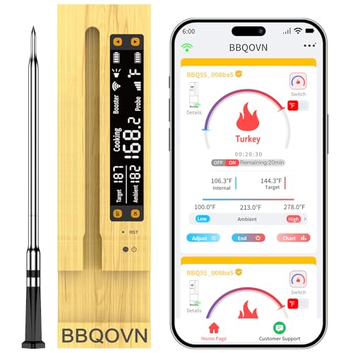 BBQOVN WiFi Sub-1G Wireless Meat Thermometer Unlimited Range 7 NIST Certified Sensors with Ambient Temp 2 Temp Monitoring Ways Digital Smart Base and App for BBQ, Smoker, Grill, Oven (Single Probe) - color: Bamboo, size: Single Probe
