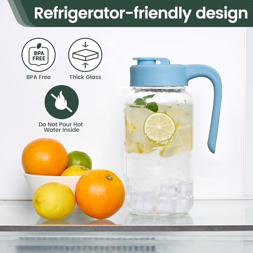 Mason Jar Pitcher - Airtight & Leakproof Glass Pitcher with Lid, Perfect for Breastmilk, Cold Brew, and Sun Tea, 2 Quart (64 oz) Mason Jar with Pour Spout Lid - color: Sky