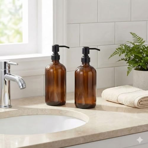 2 Pack Thick Amber Glass Pint Jar Soap Dispenser with Matte Black Stainless Steel Pump, 16ounce Boston Round Bottles Dispenser with Rustproof Pump for Essential Oil, Lotion Soap | Stainless Steel Pumps, Refillable Bottles, For Kitchen & Bathroom - color: