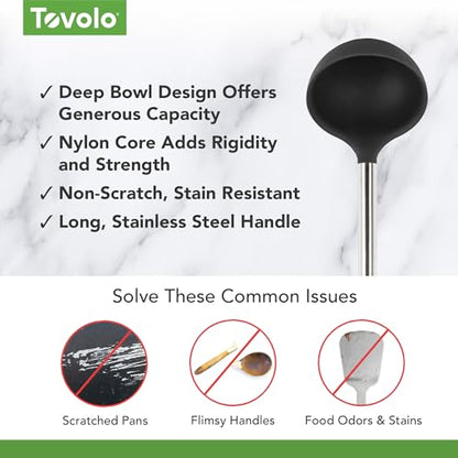 Tovolo Silicone Ladle With Stainless Steel Handle Deep Soup Ladle for Cooking Canning Serving Soup Punch Stew Sauce, Large Kitchen Utensil Spoon Dishwasher Safe BPA Free Silicone Black - color: Black