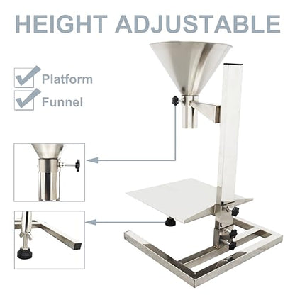 TECHTONGDA Stainless Steel Funnel Food Grade Kitchen Feeding Hopper with Support Stand and Lifting Platform for Powder, Paste, Liquid, Granule Manual Filling Package Bottom Diameter 2.3 Inch