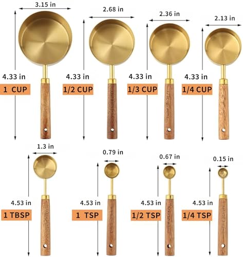 Measuring Cups and Spoons Set 8-Piece, Food-Grade Golden Nonstick with Non-Slip Wooden Handle, Engraved US/Metric Markings for Cooking Baking