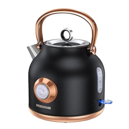 Retro Electric Kettle, 1.7L Stainless Steel Tea Kettle with Large Temperature Gauge, 1500W Fast Heating Hot Water Boiler with LED Indicator, Auto Shut-off & Boil-Dry Protection-Reteo Black - color: Retro Black