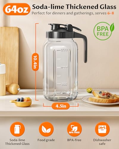 64 oz Mason Jar Pitcher – Airtight & Leakproof Glass Pitcher with Lid, Perfect for Iced Tea, Sun Tea, Cold Brew, Breastmilk, 2 Quart (1/2 Gallon) Mason Jar with Pour Spout Lid Flip-Cap & Handle - color: Black, size: 64 Ounces