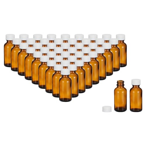 PATIKIL 1oz(30ml) Glass Sample Bottles, 48Pcs Round Bottle Dispensing Bottles with White Poly Cone Cap for Reagent Liquids, Essential Oils, Perfume, Amber - color: Amber,White, size: 1 fl oz