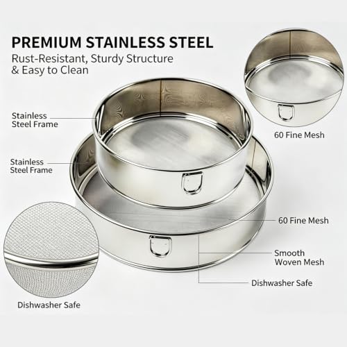 2 Pack Round Flour Sifter, 5.9 Inch & 7.87 Inch Size sieve fine mesh stainless steel, Practical sifter for baking Cake Bread Making