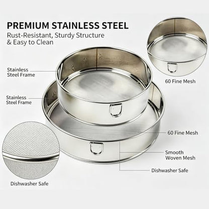 2 Pack Round Flour Sifter, 5.9 Inch & 7.87 Inch Size sieve fine mesh stainless steel, Practical sifter for baking Cake Bread Making