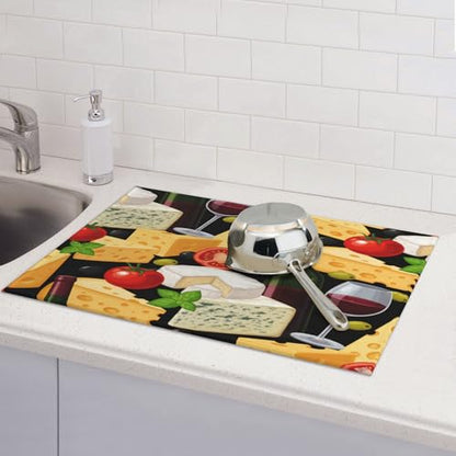 Dish Drying Mat for Kitchen Counter - Cheese Wine Absorbent Heat Resistant Microfiber Dishes Drainer Mat - Kitchen Gadgets Large Coffee Machine Dish Rack Pad 18"X24"