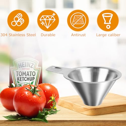 Stainless Steel Spice Funnel for Kitchen Use Filling Spice Jars, Regular Mason Jars, FIFO Squeeze Bottles, Spill-Free Metal Funnel for Salt Pepper Powder, Condiment, Sauce (0.91" Bottom)