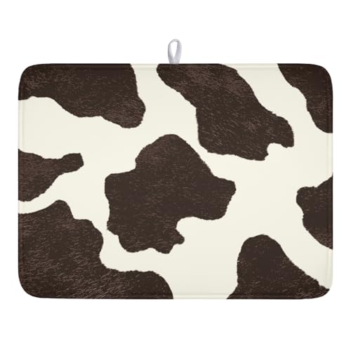 Milk Cow Drying Mat 24x18 Inch, Brown White Cowhide Drying Mat with Absorbent Reversible Microfiber, Cattle Fur Farmhouse Dish Drainer Mats Summer Rack Pad for Coffee Countertop Kitchen Protector - color: Beige Brown, size: 24" x 18"
