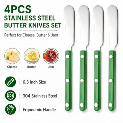 4PCS Stainless Steel Butter Knives Set: 6.3 Inch Cheese Spreader 304 Stainless Steel with Ergonomic Handle for Cheese, Butter & Jam (green) - color: green