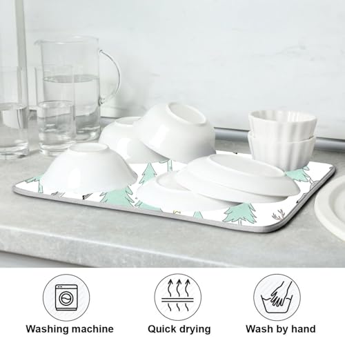 Winter Deer Tree Stars Dish Drying Mat for Kitchen Counter Super Absorbent Draining Mat with Non-slip Backed Coffee Mat for Dish Bottles Cups Bowl Sinks Countertops Draining Racks