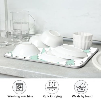Winter Deer Tree Stars Dish Drying Mat for Kitchen Counter Super Absorbent Draining Mat with Non-slip Backed Coffee Mat for Dish Bottles Cups Bowl Sinks Countertops Draining Racks