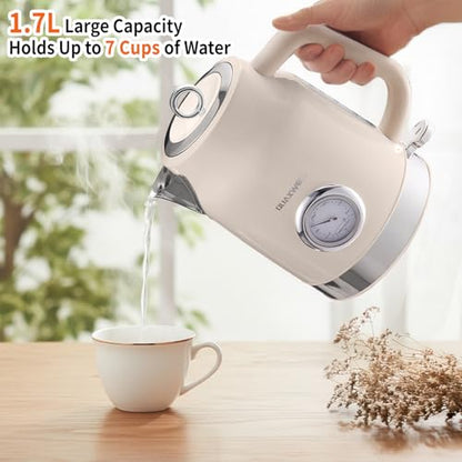Retro Electric Kettle, 1.7L 304 Stainless Steel Tea Kettle with Temperature Gauge, 1500W Fast Boiling Water Boiler,Auto Shut-Off & Boil-Dry Protection, BPA-Free, Beige - color: Beige