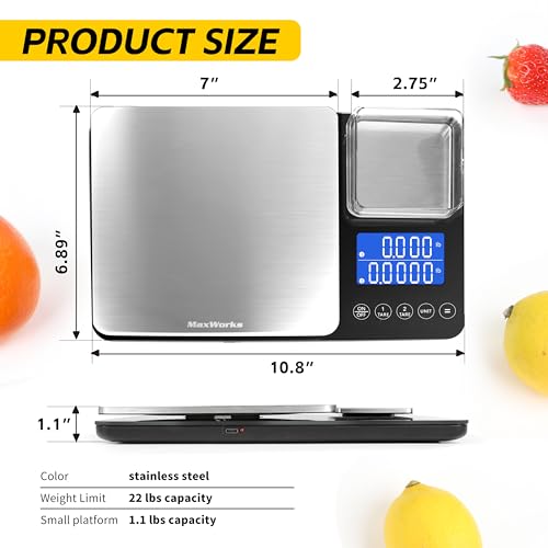 MaxWorks Precision Dual Platform Kitchen Scale Measure Bulk and Fine Ingredients Simultaneously 22 lb Max Capacity Stainless Steel and Glass Digital Scale with USB Charging and 2 Way Power (51069)