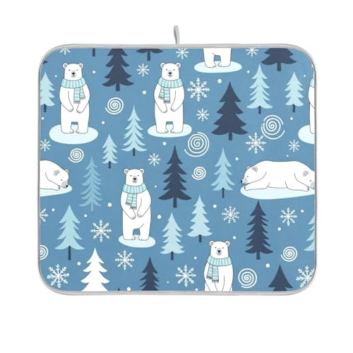 Polar Bears Trees Blue Dish Drying Mat for Kitchen Counter Super Absorbent Draining Mat with Non-slip Backed Drainer Mat for Countertops Sinks Draining Racks Dish Bottles Cups Bowl